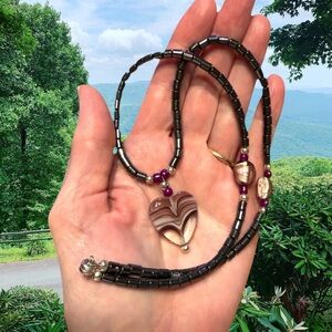 Handmade Necklace Purple and Black Hematite Heart Pendant